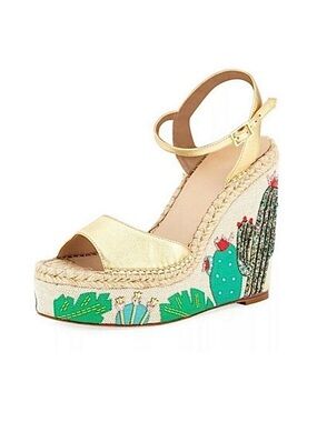 KATE SPADE ~ Gold Wedge 5” Heel Espadrilles Retired Cactus Scene Appliqué